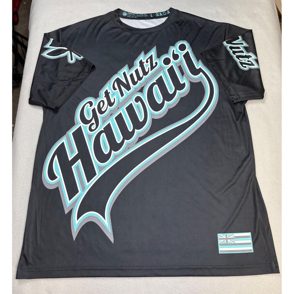 Get Nutz Hawaii Da Ohana Brand Graphic Jersey Shirt Black Teal Mens Large